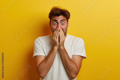 Nervous Latin man and biting nails in studio with oops reaction on yellow background. Mistake, fake news, drama or secret with regret, shame or awkward photo