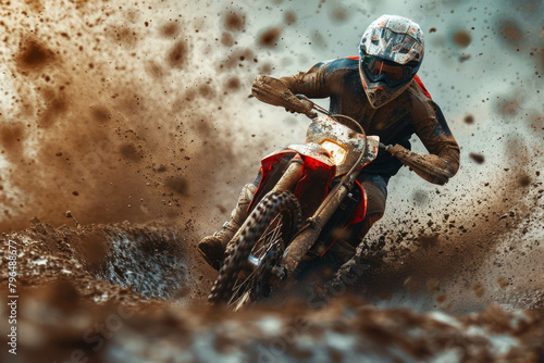 Adrenaline-fueled mountain motocross race with sand splashes, AI generative.
