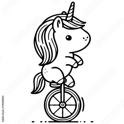 a cute unicorn trying to ride a unicycle