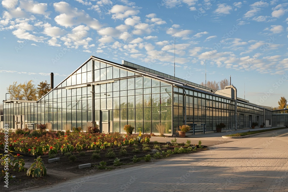 The exterior of a modern industrial greenhouse made of a frame with glass. Growing vegetables, fruits, plants, and garden crops all year round. Agricultural business