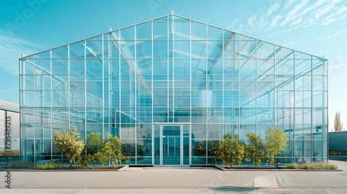 The exterior of a modern industrial greenhouse made of a frame with glass. Growing vegetables, fruits, plants, and garden crops all year round. Agricultural business