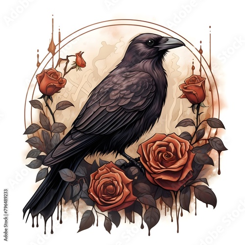 a raven on roses, in the style of tivadar csontváry kosztka, dark amber, dynamic chiaroscuro, dave coverly, henriëtte ronner-knip, ravencore, soft-edged photo