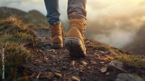 A closeup shot of the feet and hiking boots walking on an outdoor trail in nature
