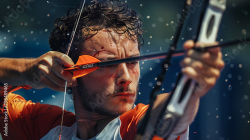 Archery Contest: Close-Up of Archer's Focus and Precision. Generative AI. photo