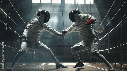 Fencing Duel: Intense Action of Fencers Engaged in Olympic Competition. Generative AI. photo