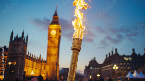 Diverse Torchbearers Running in Olympic Torch Relay Event. Generative AI. photo