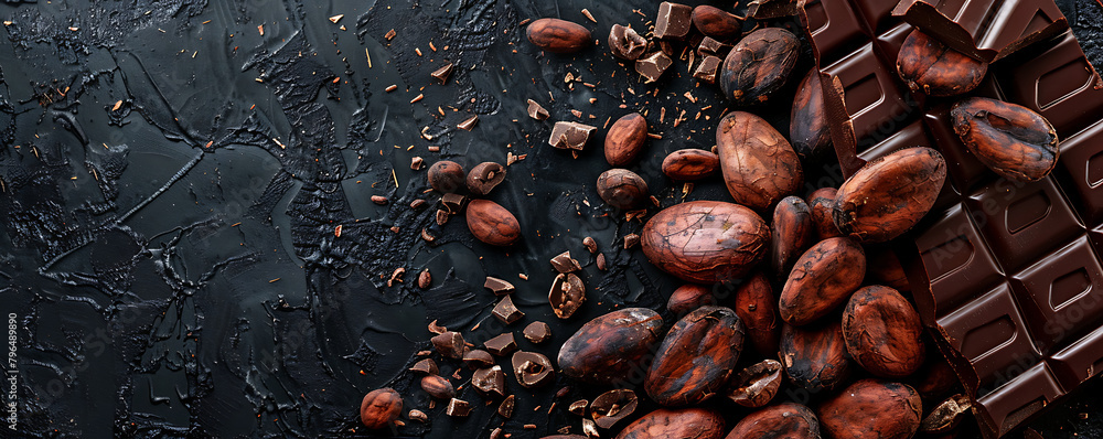 Cocoa beans and chocolate background with copy space for text. Cocoa beans and chocolate background with copy space for text.