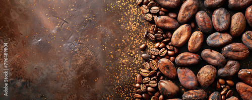 Cocoa beans and chocolate background with copy space for text.