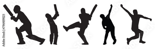 Set of cricket players batting, bowling silhouettes. Vector illustration.