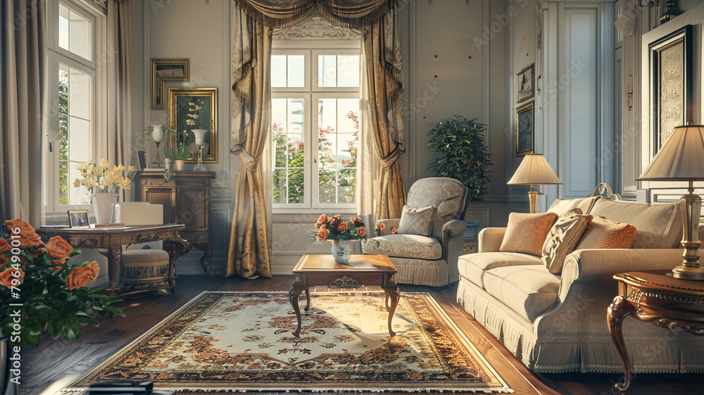 A living room with an elegant and cozy interior design A living room with an elegant and cozy interior design