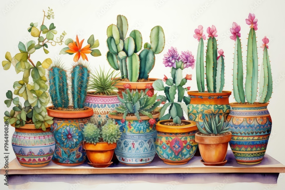 Cacti in Talavera Pots Draw cacti planted in beautifully painted Talavera style pots