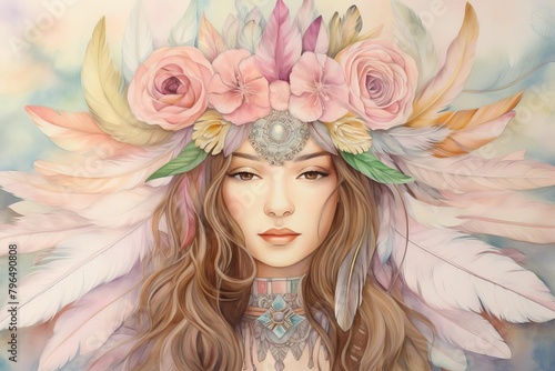 Boho Flower Crown, Depict a flower crown adorned with bohemian blooms, feathers, and ribbons, against a watercolor background in soft, muted tones, evoking the free spirited vibe of a bohemian festiva photo