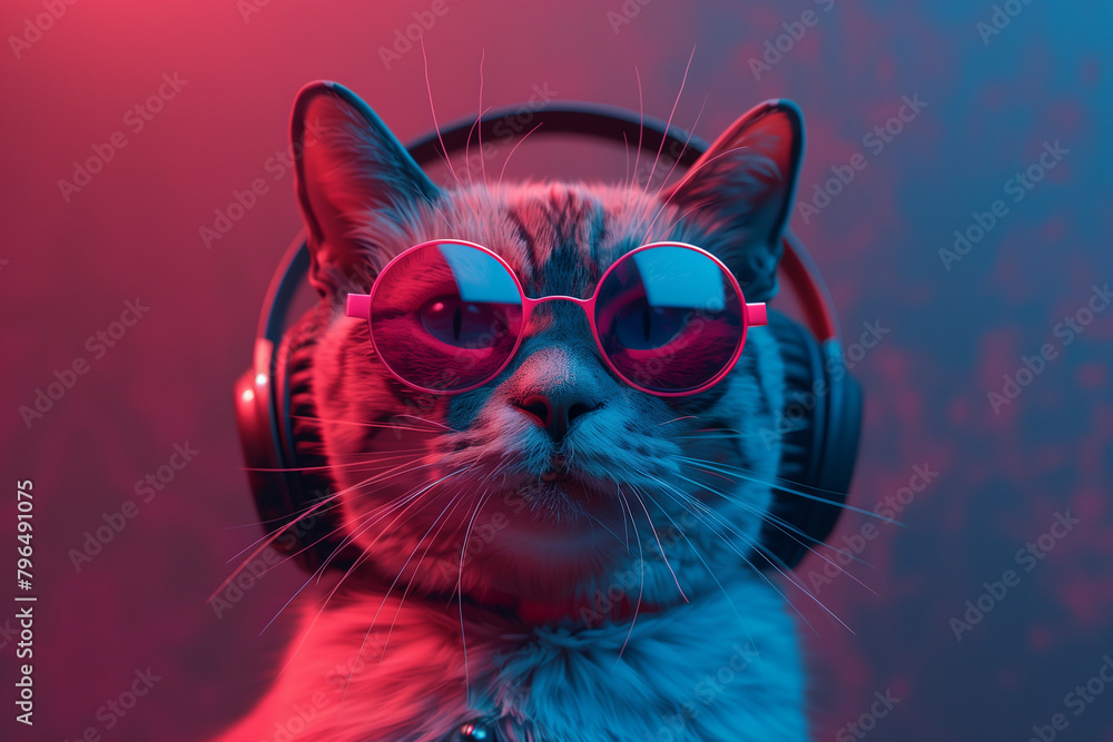Illustration of fantasy character with cat head in sunglasses and headphones listening to music against pink and blue background, 3d, illustration