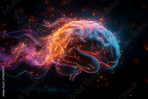 Illustration of colorful brain with pixels and wires levitating against black background, 3d, illustration © Anna
