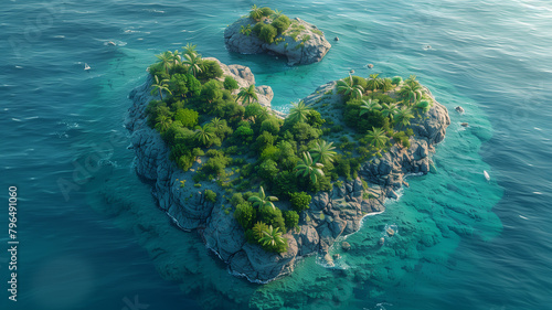 Tropical Island in the shape of a love heart. Aerial perspective, vacation concept, top view, 3d illustration