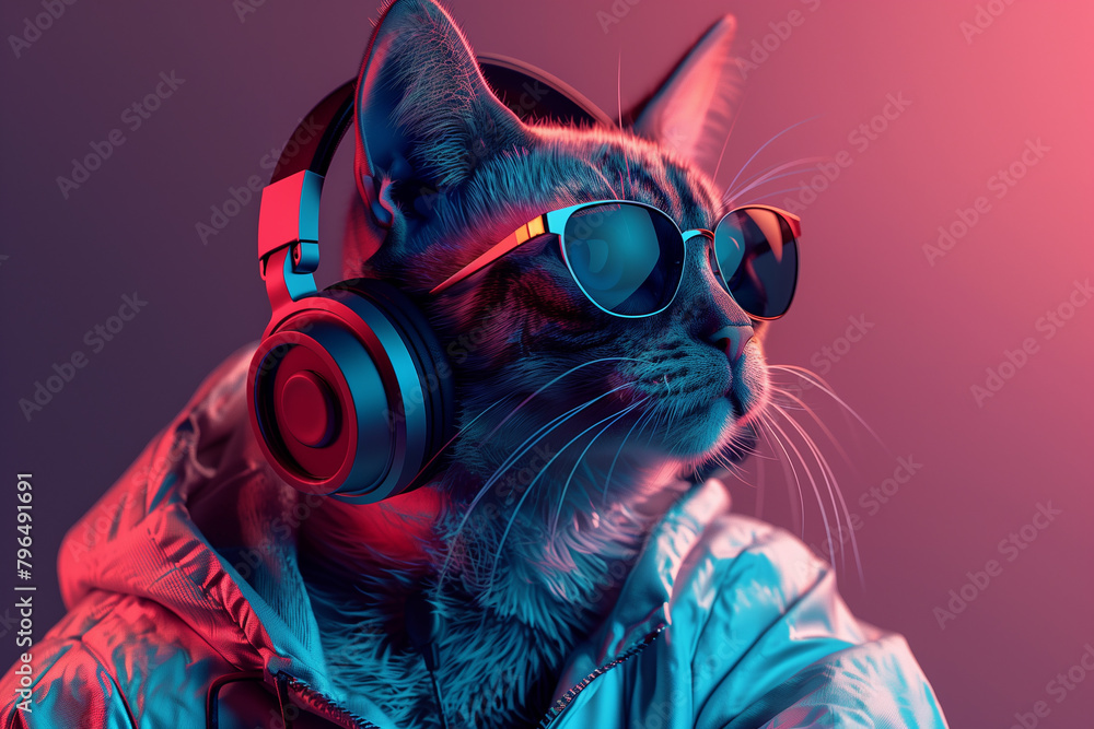 Illustration of fantasy character with cat head in sunglasses and headphones listening to music against pink and blue background, 3d, illustration