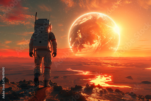 Astronaut walking on the planet Mars, 3d, illustration