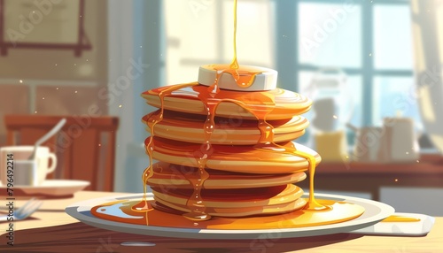 A fluffy pancake stack wobbles under the weight of too much syrup, attempting to navigate a breakfast table without toppling over, cartoon concept photo