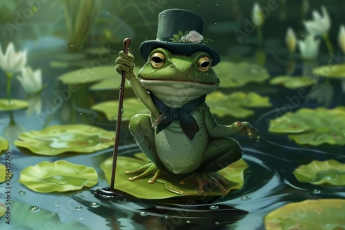 A frolicsome frog wearing a dapper bowler hat and cane serenades a lily pad audience with oldtime jazz, surrounded by gentle ripples in the pond, cartoon concept photo