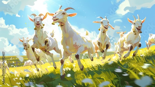 A group of young goats leap playfully around a sundrenched meadow, their tiny bells jingling merrily with each bound, cartoon concept photo