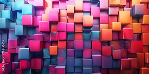 A colorful wall of blocks with a pink and orange background