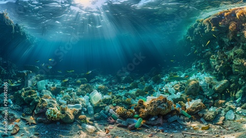 underwater photography, tropical sea. Below under water there is garbage, plastic bottles and exotic fishes