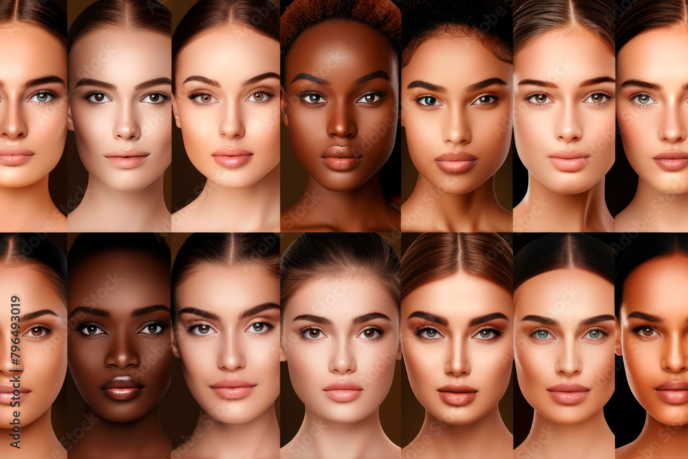 Faces of models of different nationalities and ages. Lots of beautiful girls. Fashion and women's beauty industry