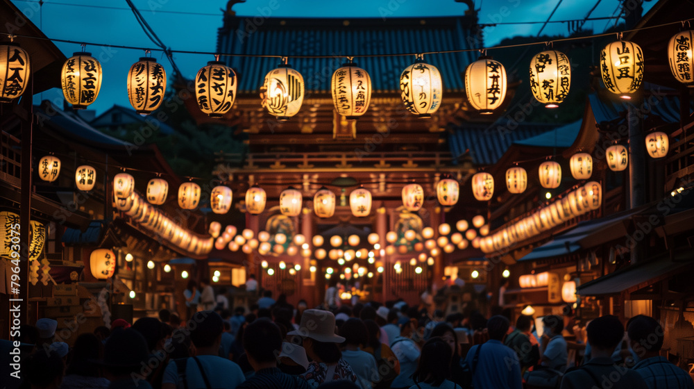 Obraz premium Aoi Matsuri Festival at night, the temples are filled with traditional lights creating a magical atmosphere, Ai Generated Images