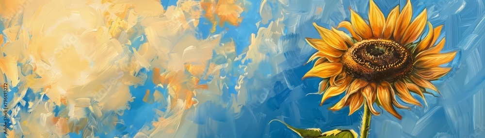 Fototapeta premium A sunflower turns its broad face to follow the sun, its golden petals a stark contrast against the bright blue sky, embodying the warmth and energy of a summers day