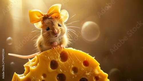 A tiny mouse with a large, charming bow atop its head sings passionately atop a giant piece of swiss cheese under a spotlight, cartoon concept