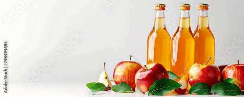 Apple Juice Glass Bottle Iwith apples fruits isolated on a White Background product presentation. photo