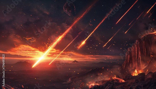 As meteorites pierce the atmosphere, they glow redhot, casting eerie shadows over the landscape, background concept photo