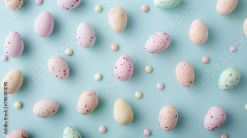 Mini eggs in delicate pastel shades and drages on pale blue background, Top view, Flat lay, Easter concept
