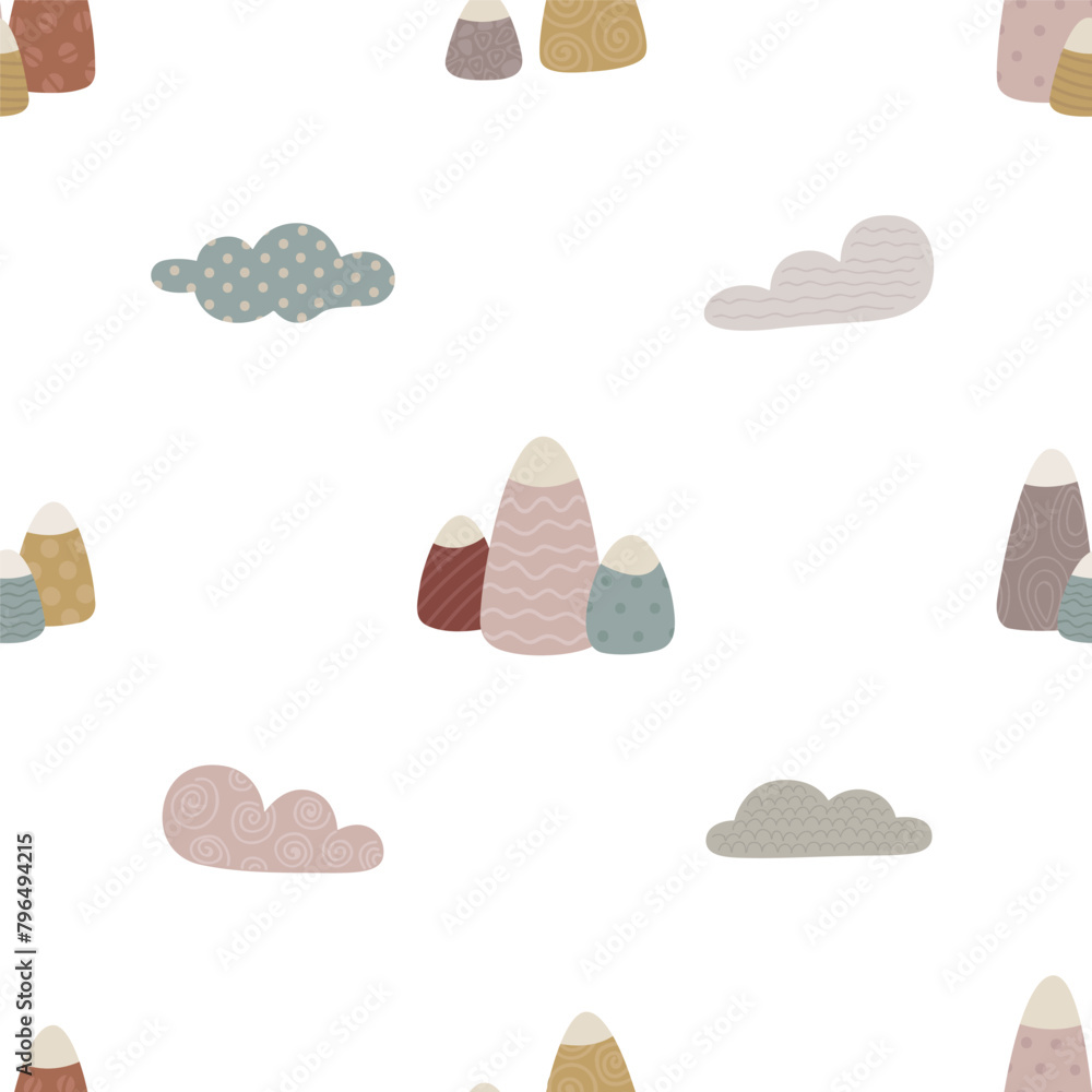 Mountains and clouds in boho style. Seamless pattern. Template for print, textile, paper. Vector illustration in flat style. Mountains and clouds in boho style. Seamless pattern. Template for print, textile, paper. Vector illustration in flat style.