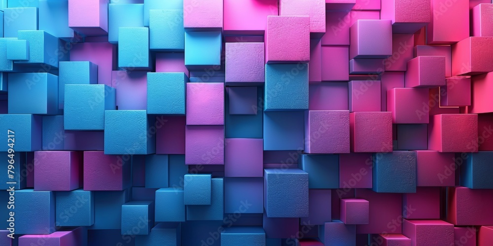 A wall of colorful blocks with a blue and pink background A wall of colorful blocks with a blue and pink background