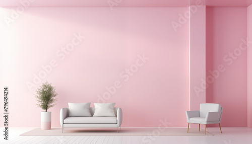 3D rendering of a pink living room with a sofa and an armchair