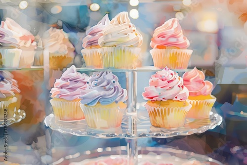 Cupcakes with swirls of pastel icing sit prettily on a tiered stand, their sugary tops sparkling under the cozy shop lights, kawaii, bright water color photo