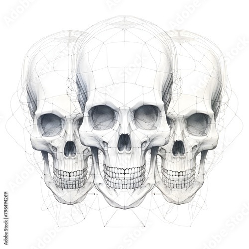 two skulls and two heads on it, in the style of technological symmetry, dollcore, linear outlines, 8k resolution, made of wire, firmin baes, synchromism photo