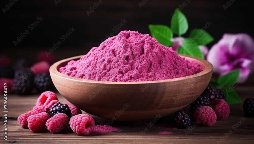 A wooden bowl filled with acerola Cherry Powder. There are fresh raspberries and blackberries scattered on the table next to the bowl. In the background, there are green leaves and pink flowers. A wooden bowl filled with acerola Cherry Powder. There are fresh raspberries and blackberries scattered on the table next to the bowl. In the background, there are green leaves and pink flowers.