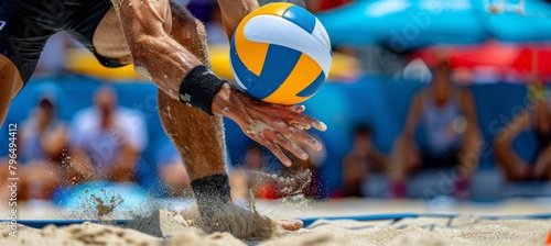 Beach volleyball player s agile block at the net, showcasing precision and timing in summer olympics photo
