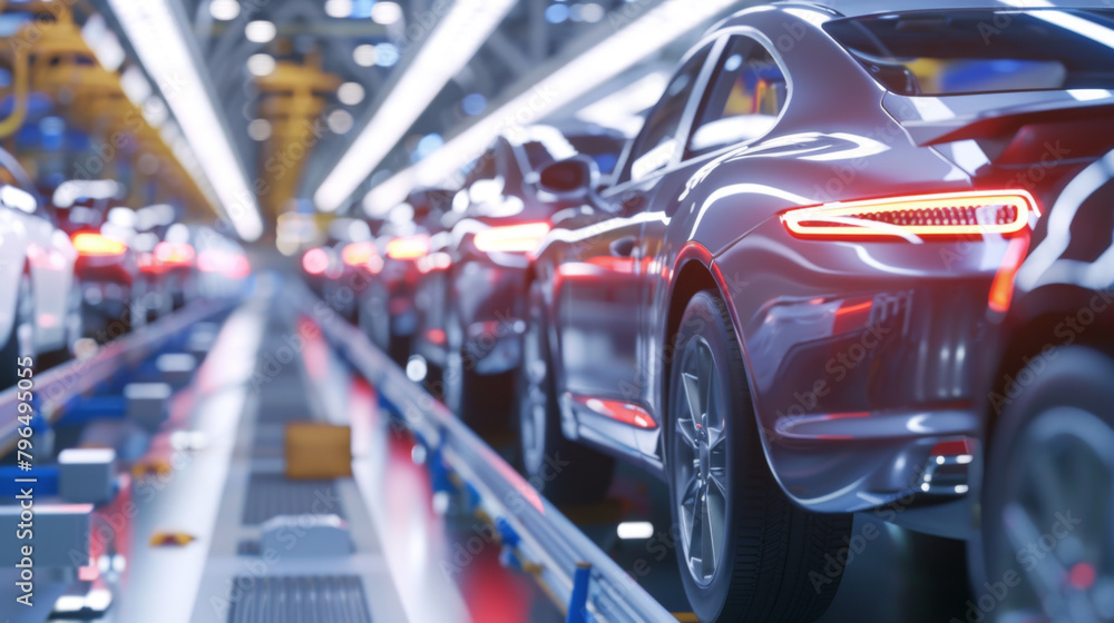 The mass production conveyor of modern cars is occupied by almost finished cars