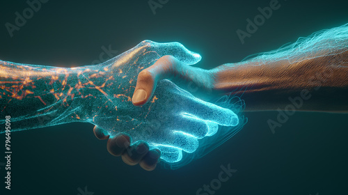 Embracing the Future: Human Handshake with Holographic Robot Hand, Symbolizing Human-AI Integration