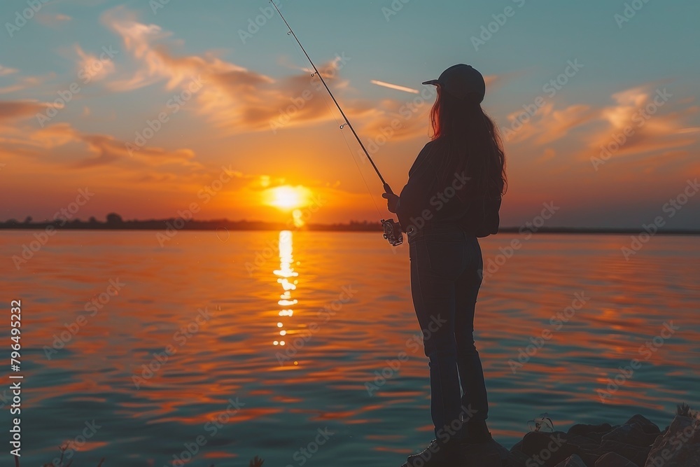 Woman Fishing at Sunset on a Lake