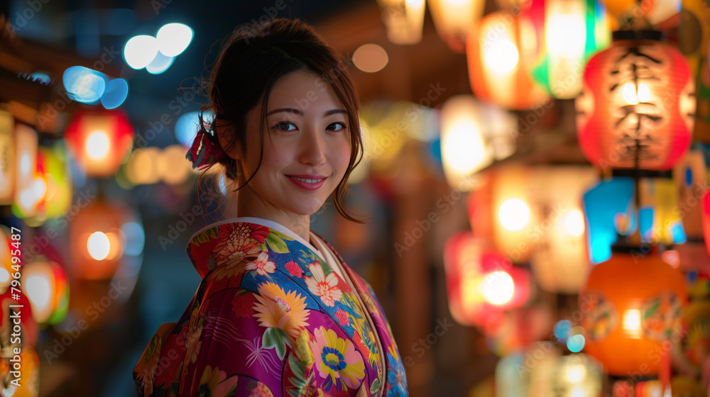 A beautiful woman stands at the Sanno Matsuri Festival in Tokyo, Japan, wearing a beautiful traditional kimono with colorful motifs, Ai Generated Images A beautiful woman stands at the Sanno Matsuri Festival in Tokyo, Japan, wearing a beautiful traditional kimono with colorful motifs, Ai Generated Images