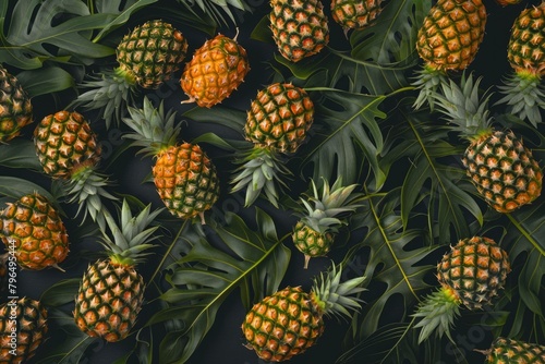 Fresh pineapples on black table.