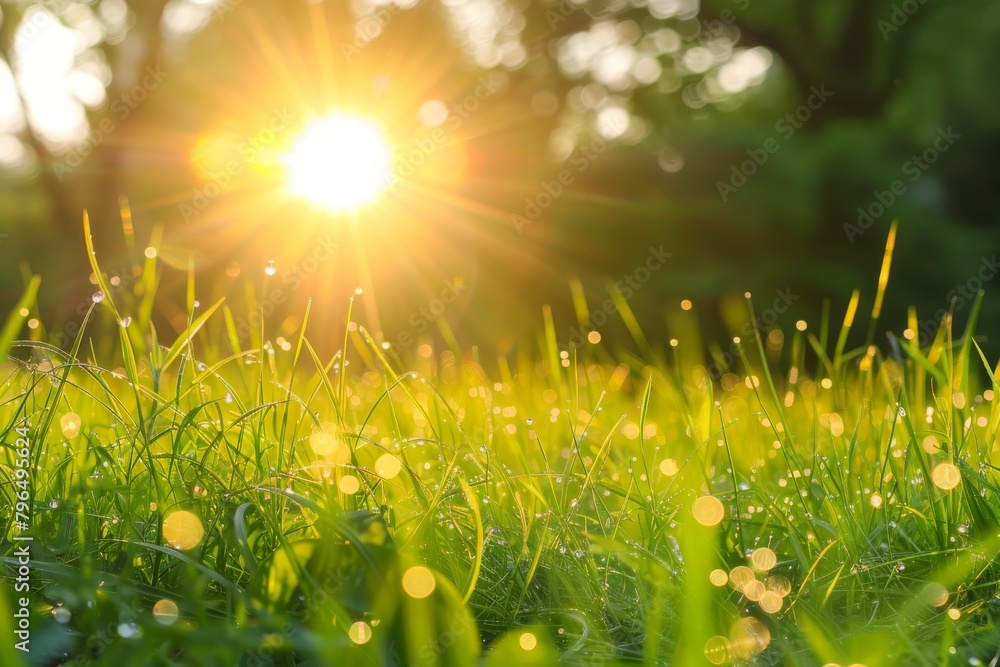 A vibrant image capturing the warm sun rays as they pierce through the dewy grass, creating a magical bokeh effect