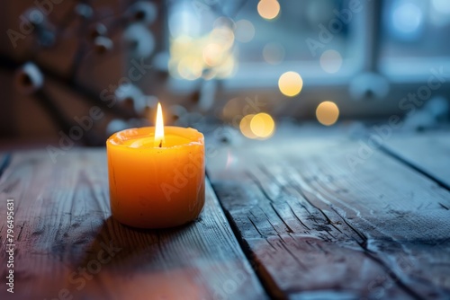 A warmly lit orange candle burns brightly against a backdrop of blue bokeh lights and a rustic wooden tabletop, creating a cozy atmosphere
