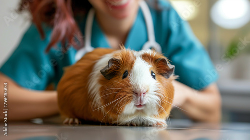 Female veterinarian examining a fluffy guinea pig