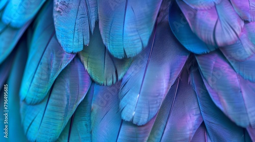 Close up of beautiful bird feathers of Blue and Purple, exotic natural textured background in different blue colors and green.