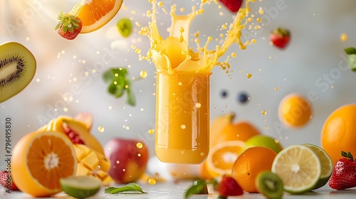 Beverage Products  Juice Glass with Flying Tropical Fruits and Splashes  Hand Edited Generative AI